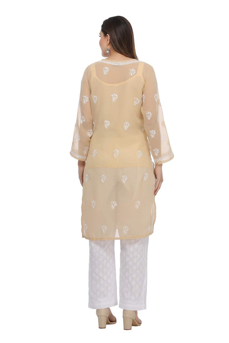 Ada Hand Embroidered Indian Chikankari Women's Georgette Kurti Kurta with Slip A90352,XS, Fawn - Image 3